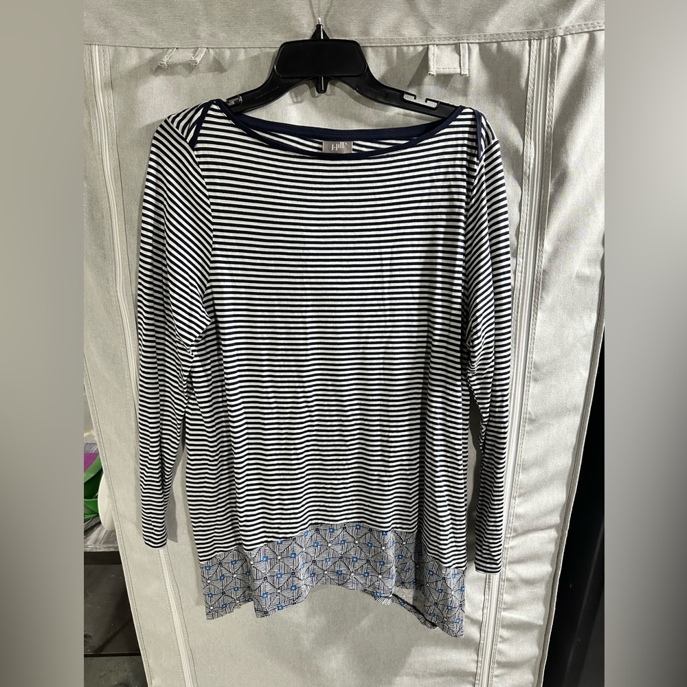 J.Jill Knit Top Women Size M Blue White Striped Contrast Hem Long Sleeve Stretch